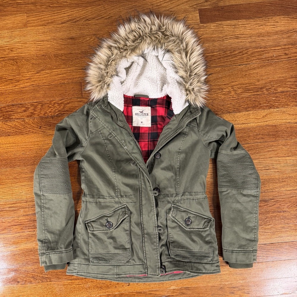 Vintage Y2K Hollister Women's Olive Green Jacket Fur Hood Red Plaid Interior M
